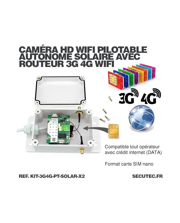 Kit 2 caméras pilotables solaires Wifi HD 1080P waterproof Infrarouges 64 Go inclus avec routeur GSM 3G 4G WiFi
