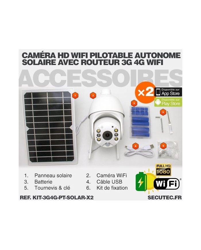 Kit 2 caméras pilotables solaires Wifi HD 1080P waterproof Infrarouges 64 Go inclus avec routeur GSM 3G 4G WiFi