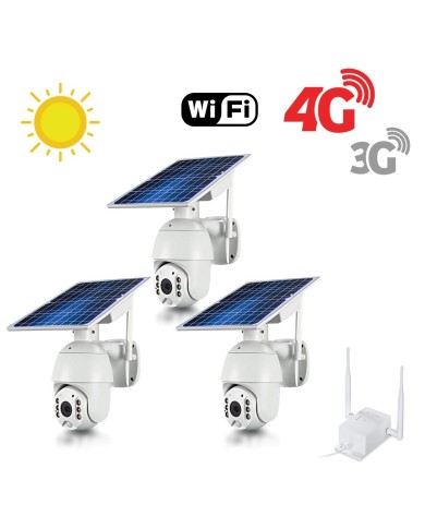 Kit 3 caméras pilotables solaires Wifi HD 1080P waterproof Infrarouges 64 Go inclus avec routeur GSM 3G 4G WiFi Kit 3 caméras pilotables solaires Wifi HD 1080P waterproof Infrarouges 64 Go inclus avec routeur GSM 3G 4G WiFi