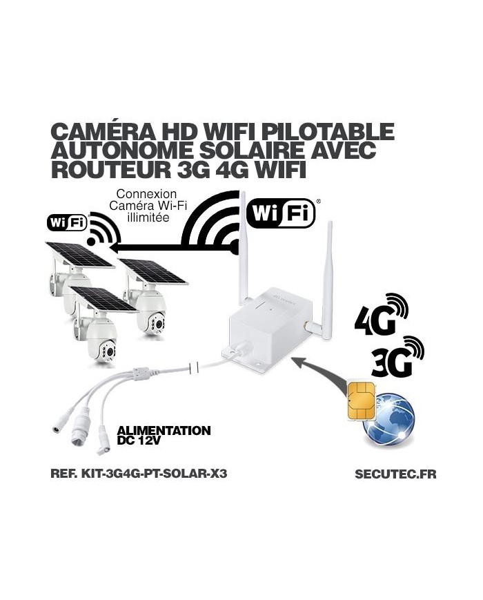 Kit 3 caméras pilotables solaires Wifi HD 1080P waterproof Infrarouges 64 Go inclus avec routeur GSM 3G 4G WiFi