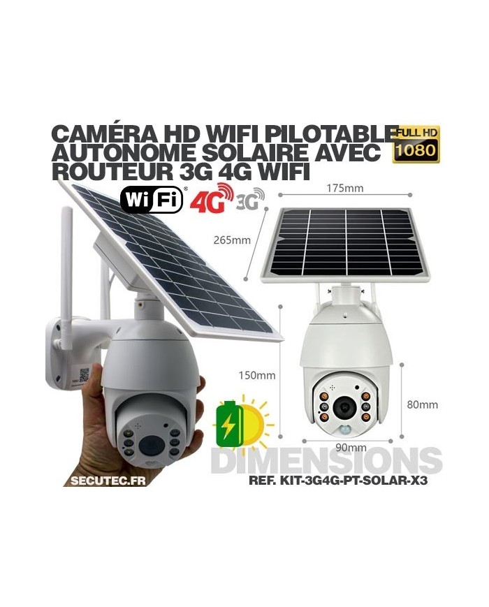 Kit 3 caméras pilotables solaires Wifi HD 1080P waterproof Infrarouges 64 Go inclus avec routeur GSM 3G 4G WiFi