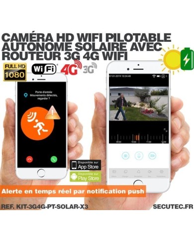 Kit 3 caméras pilotables solaires Wifi HD 1080P waterproof Infrarouges 64 Go inclus avec routeur GSM 3G 4G WiFi Kit 3 caméras pilotables solaires Wifi HD 1080P waterproof Infrarouges 64 Go inclus avec routeur GSM 3G 4G WiFi