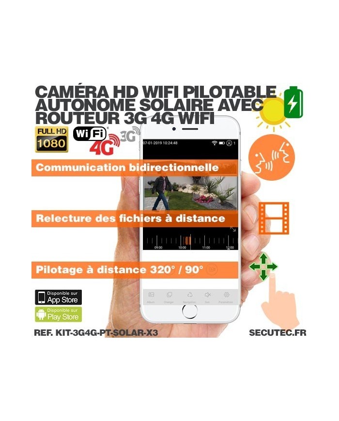 Kit 3 caméras pilotables solaires Wifi HD 1080P waterproof Infrarouges 64 Go inclus avec routeur GSM 3G 4G WiFi