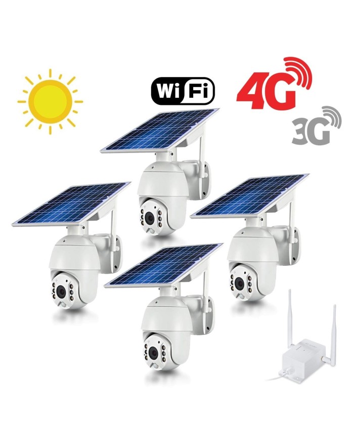 Kit 4 caméras pilotables solaires Wifi HD 1080P waterproof Infrarouges 64 Go inclus avec routeur GSM 3G 4G WiFi