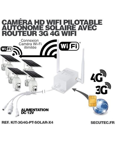 Kit 4 caméras pilotables solaires Wifi HD 1080P waterproof Infrarouges 64 Go inclus avec routeur GSM 3G 4G WiFi Kit 4 caméras pilotables solaires Wifi HD 1080P waterproof Infrarouges 64 Go inclus avec routeur GSM 3G 4G WiFi
