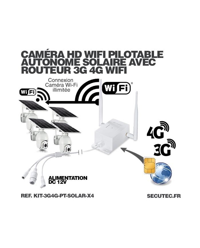 Kit 4 caméras pilotables solaires Wifi HD 1080P waterproof Infrarouges 64 Go inclus avec routeur GSM 3G 4G WiFi