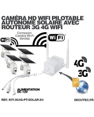 Kit 4 caméras pilotables solaires Wifi HD 1080P waterproof Infrarouges 64 Go inclus avec routeur GSM 3G 4G WiFi