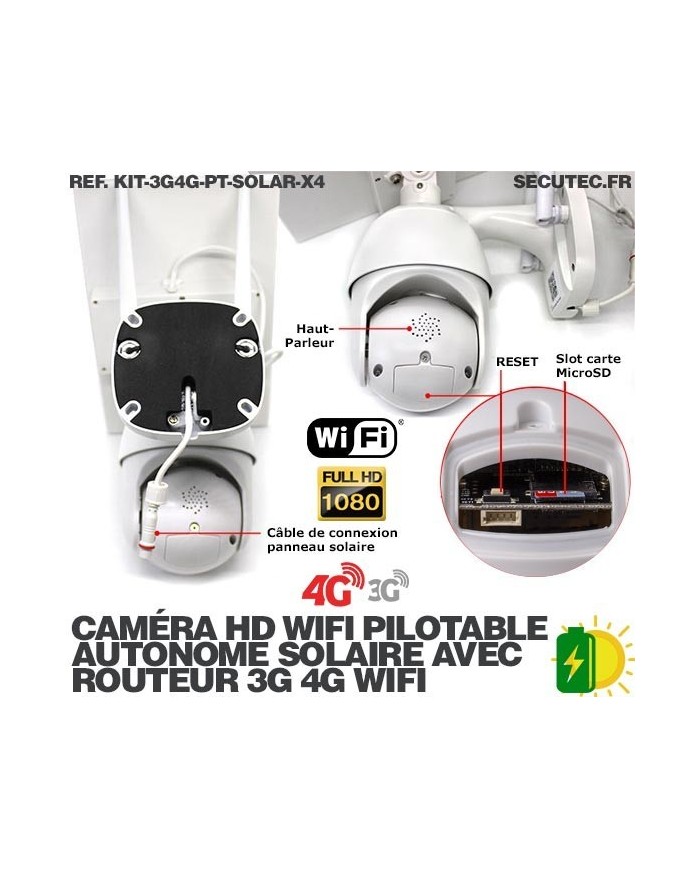 Kit 4 caméras pilotables solaires Wifi HD 1080P waterproof Infrarouges 64 Go inclus avec routeur GSM 3G 4G WiFi