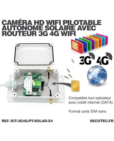 Kit 4 caméras pilotables solaires Wifi HD 1080P waterproof Infrarouges 64 Go inclus avec routeur GSM 3G 4G WiFi Kit 4 caméras pilotables solaires Wifi HD 1080P waterproof Infrarouges 64 Go inclus avec routeur GSM 3G 4G WiFi