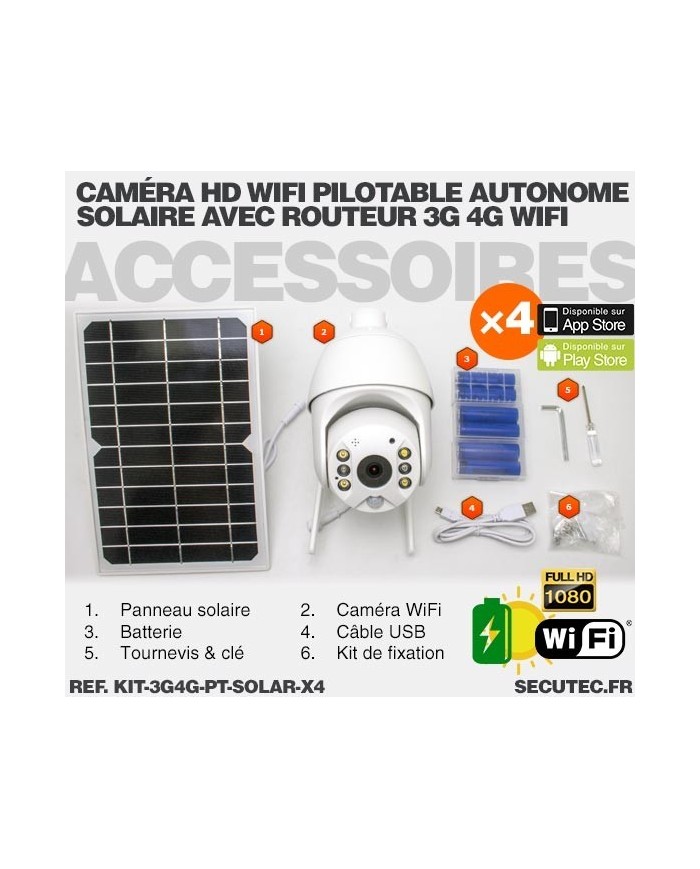 Kit 4 caméras pilotables solaires Wifi HD 1080P waterproof Infrarouges 64 Go inclus avec routeur GSM 3G 4G WiFi