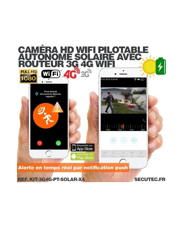 Kit 4 caméras pilotables solaires Wifi HD 1080P waterproof Infrarouges 64 Go inclus avec routeur GSM 3G 4G WiFi