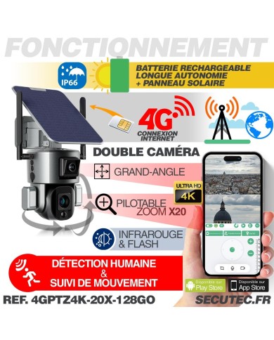 Double caméra pilotable solaire 4G Ultra HD 4K waterproof Zoom X10 autotracking IR détection de mouvement avec alarme et sirène Double caméra pilotable solaire 4G Ultra HD 4K waterproof Zoom X10 autotracking IR détection de mouvement avec alarme et sirène