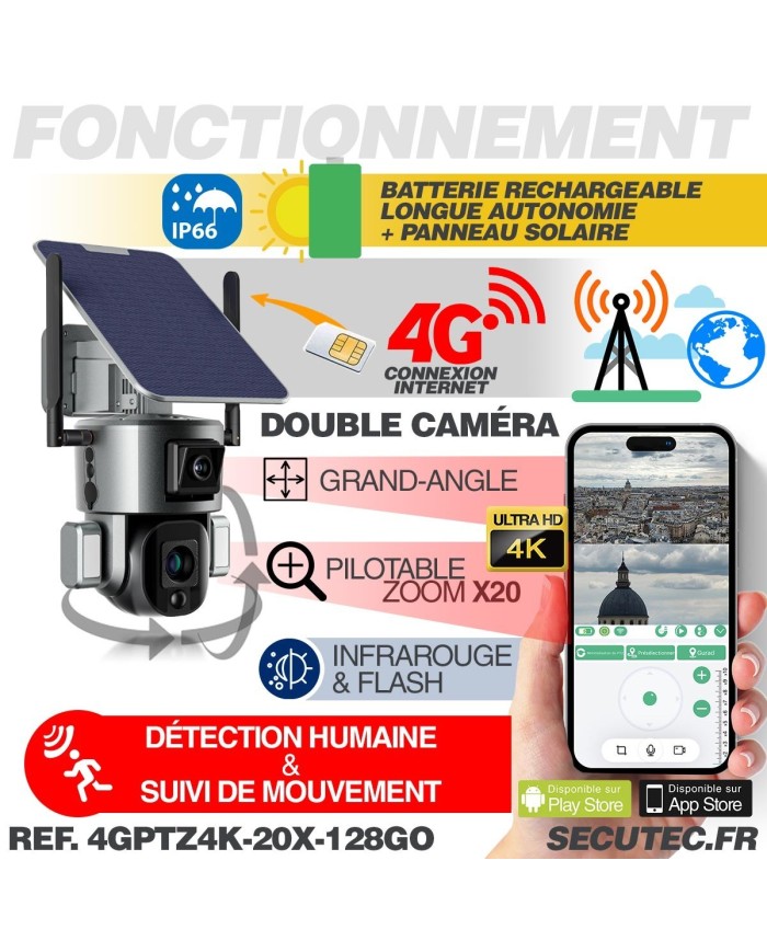 Double caméra pilotable solaire 4G Ultra HD 4K waterproof Zoom X10 autotracking IR détection de mouvement avec alarme et sirène