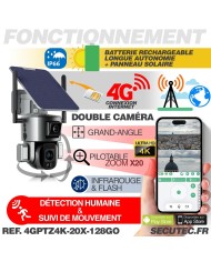 Double caméra pilotable solaire 4G Ultra HD 4K waterproof Zoom X10 autotracking IR détection de mouvement avec alarme et sirène