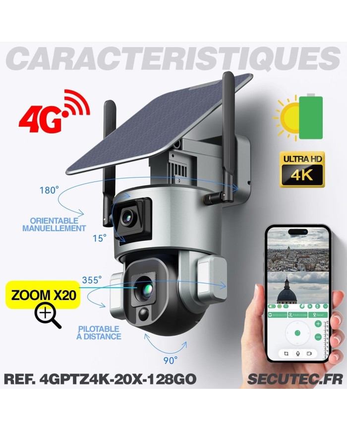 Double caméra pilotable solaire 4G Ultra HD 4K waterproof Zoom X10 autotracking IR détection de mouvement avec alarme et sirène