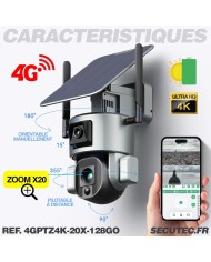 Double caméra pilotable solaire 4G Ultra HD 4K waterproof Zoom X10 autotracking IR détection de mouvement avec alarme et sirène