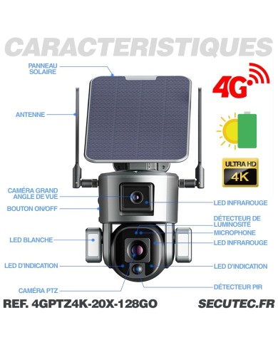 Double caméra pilotable solaire 4G Ultra HD 4K waterproof Zoom X10 autotracking IR détection de mouvement avec alarme et sirène Double caméra pilotable solaire 4G Ultra HD 4K waterproof Zoom X10 autotracking IR détection de mouvement avec alarme et sirène
