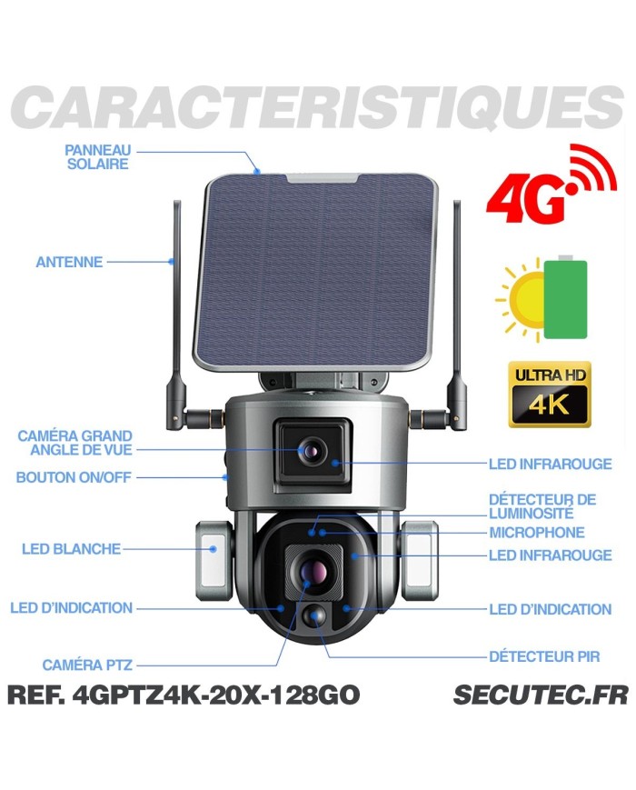 Double caméra pilotable solaire 4G Ultra HD 4K waterproof Zoom X10 autotracking IR détection de mouvement avec alarme et sirène