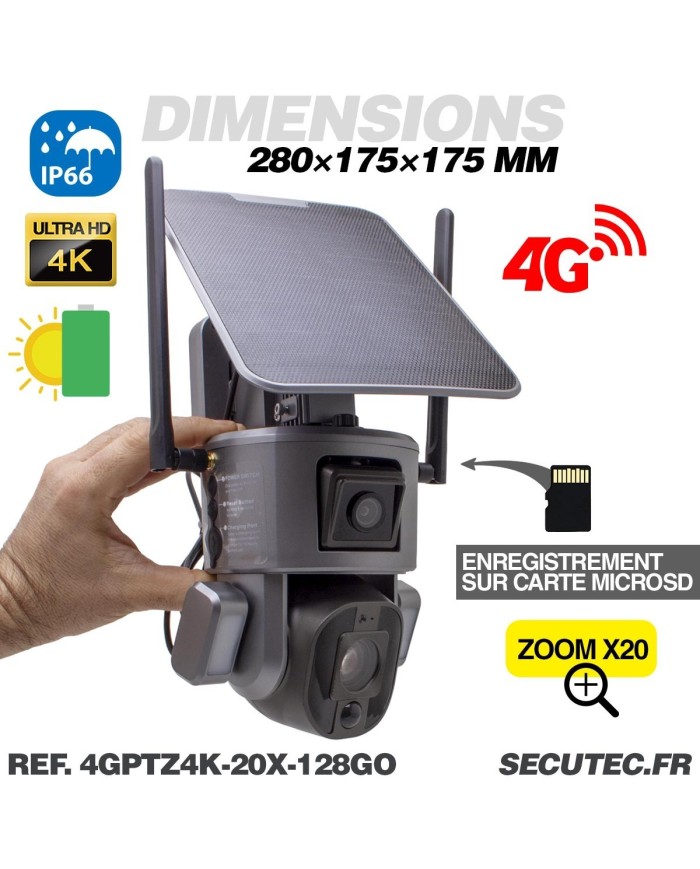Double caméra pilotable solaire 4G Ultra HD 4K waterproof Zoom X10 autotracking IR détection de mouvement avec alarme et sirène