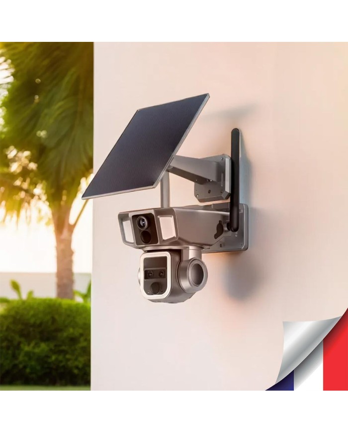 Triple caméra pilotable solaire Wifi Ultra HD 2K waterproof Zoom X10 autotracking IR détection de mouvement avec alarme et sirèn