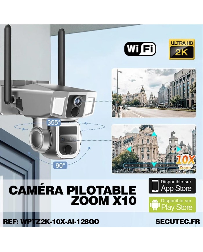 Triple caméra pilotable solaire Wifi Ultra HD 2K waterproof Zoom X10 autotracking IR détection de mouvement avec alarme et sirèn