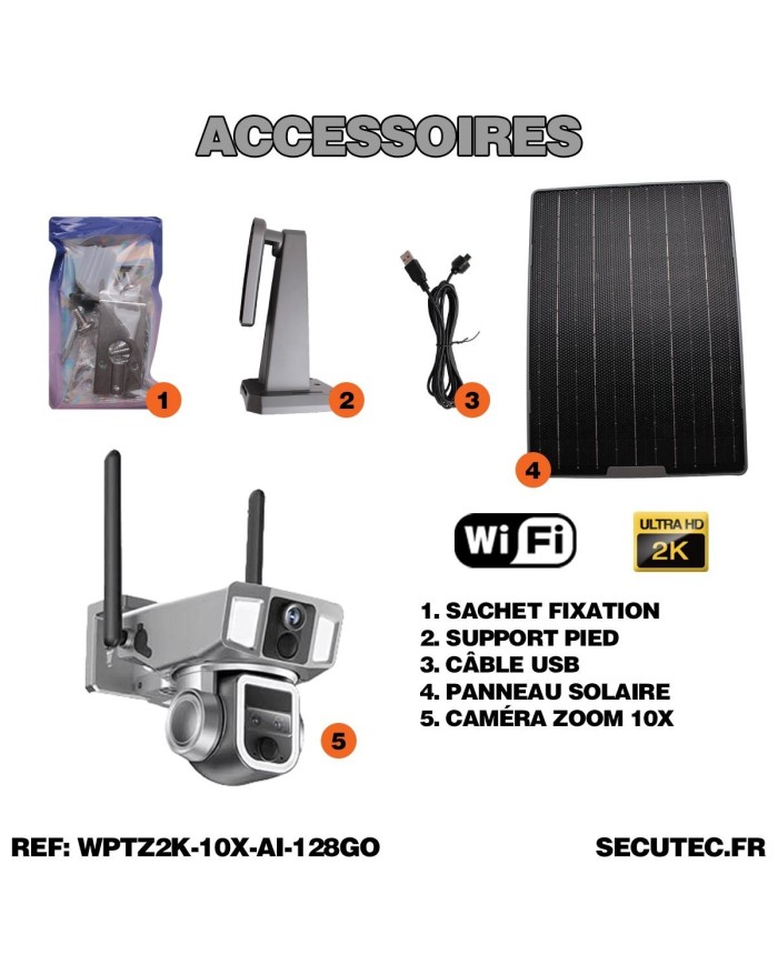 Triple caméra pilotable solaire Wifi Ultra HD 2K waterproof Zoom X10 autotracking IR détection de mouvement avec alarme et sirèn