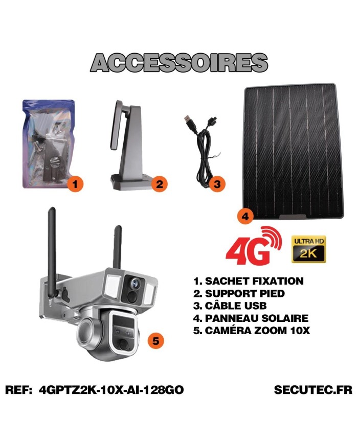 Triple caméra pilotable solaire 4G Ultra HD 2K waterproof Zoom X10 autotracking IR détection de mouvement avec alarme et sirène