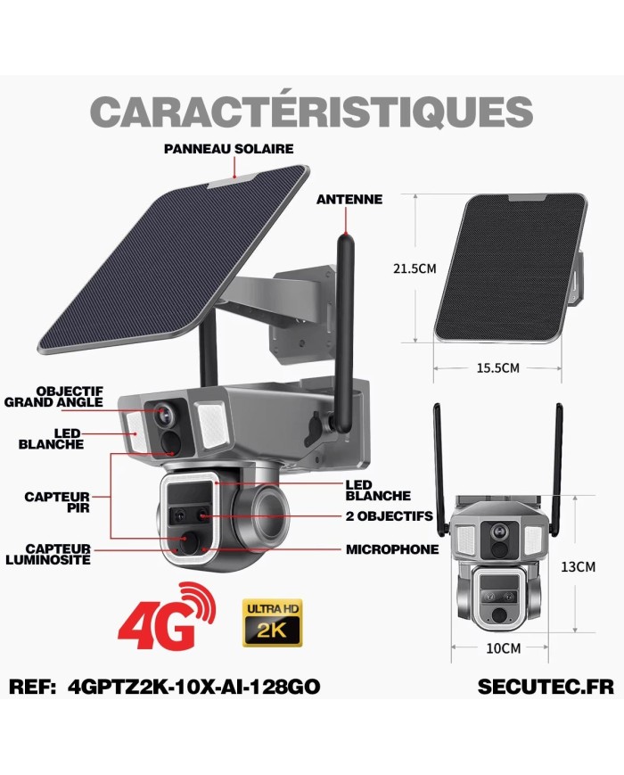 Triple caméra pilotable solaire 4G Ultra HD 2K waterproof Zoom X10 autotracking IR détection de mouvement avec alarme et sirène
