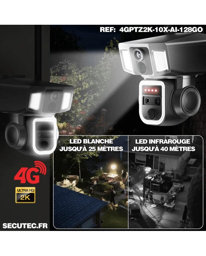 Triple caméra pilotable solaire 4G Ultra HD 2K waterproof Zoom X10 autotracking IR détection de mouvement avec alarme et sirène