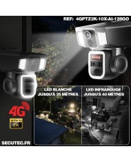Triple caméra pilotable solaire 4G Ultra HD 2K waterproof Zoom X10 autotracking IR détection de mouvement avec alarme et sirène