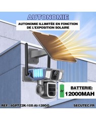 Triple caméra pilotable solaire 4G Ultra HD 2K waterproof Zoom X10 autotracking IR détection de mouvement avec alarme et sirène