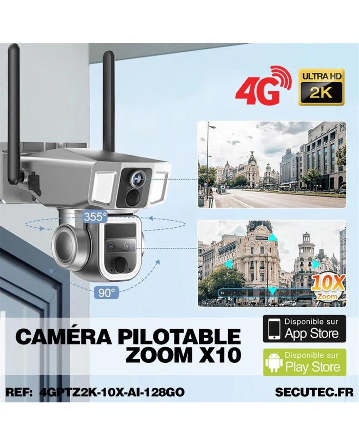 Triple caméra pilotable solaire 4G Ultra HD 2K waterproof Zoom X10 autotracking IR détection de mouvement avec alarme et sirène