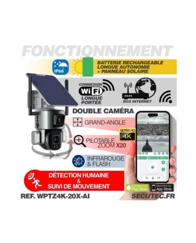 Double caméra pilotable solaire Wifi Ultra HD 4K waterproof Zoom X20 autotracking IR détection de mouvement avec alarme et sirèn Double caméra pilotable solaire Wifi Ultra HD 4K waterproof Zoom X20 autotracking IR détection de mouvement avec alarme et sirèn