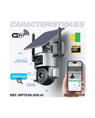 Double caméra pilotable solaire Wifi Ultra HD 4K waterproof Zoom X20 autotracking IR détection de mouvement avec alarme et sirèn Double caméra pilotable solaire Wifi Ultra HD 4K waterproof Zoom X20 autotracking IR détection de mouvement avec alarme et sirèn