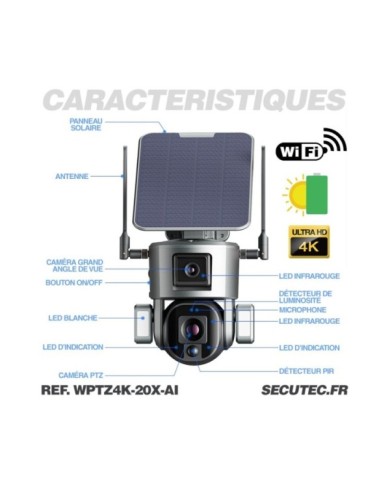 Double caméra pilotable solaire Wifi Ultra HD 4K waterproof Zoom X20 autotracking IR détection de mouvement avec alarme et sirèn Double caméra pilotable solaire Wifi Ultra HD 4K waterproof Zoom X20 autotracking IR détection de mouvement avec alarme et sirèn