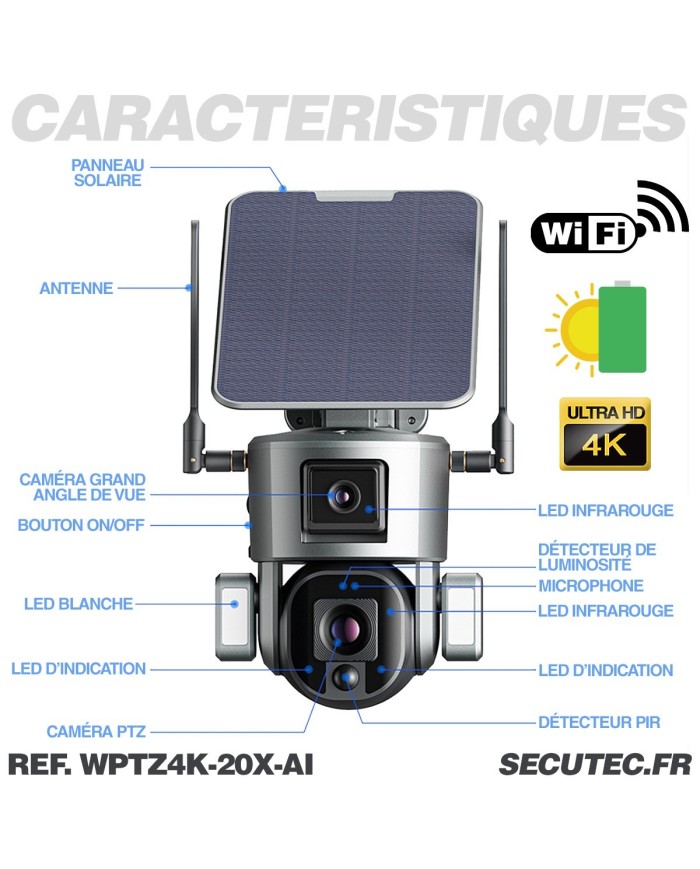 Double caméra pilotable solaire Wifi Ultra HD 4K waterproof Zoom X20 autotracking IR détection de mouvement avec alarme et sirèn