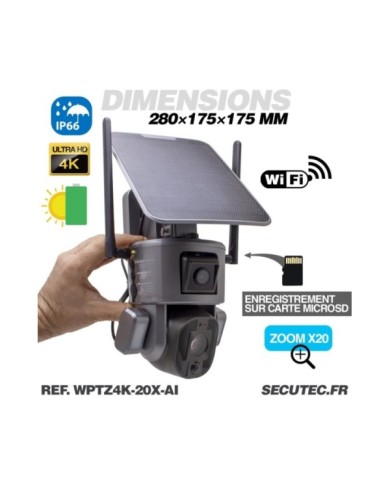 Double caméra pilotable solaire Wifi Ultra HD 4K waterproof Zoom X20 autotracking IR détection de mouvement avec alarme et sirèn Double caméra pilotable solaire Wifi Ultra HD 4K waterproof Zoom X20 autotracking IR détection de mouvement avec alarme et sirèn