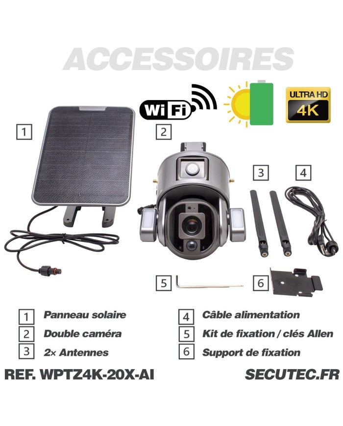 Double caméra pilotable solaire Wifi Ultra HD 4K waterproof Zoom X20 autotracking IR détection de mouvement avec alarme et sirèn