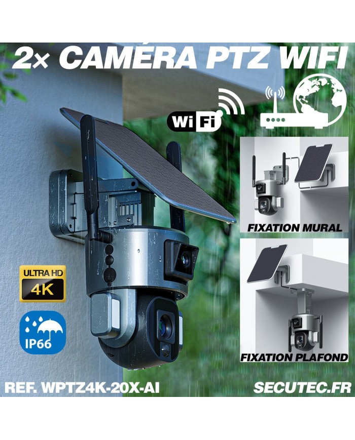 Double caméra pilotable solaire Wifi Ultra HD 4K waterproof Zoom X20 autotracking IR détection de mouvement avec alarme et sirèn