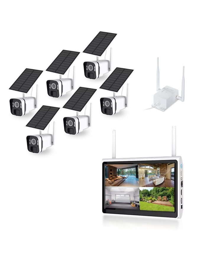 Kit vidéosurveillance 6 caméras solaires UHD 2K Wifi un écran LCD 10,1 récepteur enregistreur microSD 128 Go routeur 3G 4G WiFi