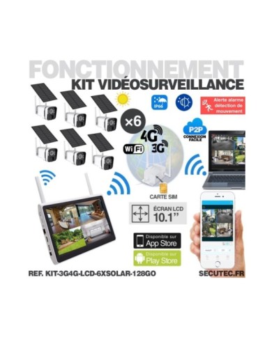 Kit vidéosurveillance 6 caméras solaires UHD 2K Wifi un écran LCD 10,1 récepteur enregistreur microSD 128 Go routeur 3G 4G WiFi Kit vidéosurveillance 6 caméras solaires UHD 2K Wifi un écran LCD 10,1 récepteur enregistreur microSD 128 Go routeur 3G 4G WiFi