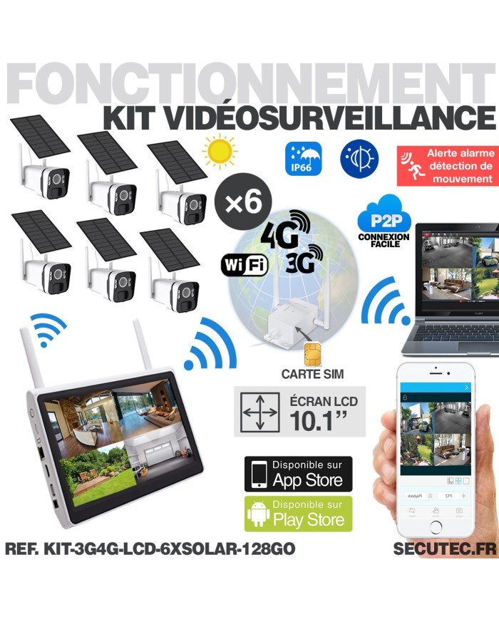 Kit vidéosurveillance 6 caméras solaires UHD 2K Wifi un écran LCD 10,1 récepteur enregistreur microSD 128 Go routeur 3G 4G WiFi