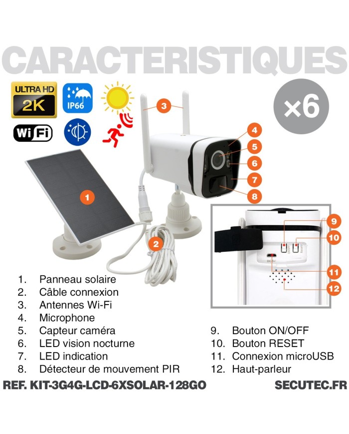 Kit vidéosurveillance 6 caméras solaires UHD 2K Wifi un écran LCD 10,1 récepteur enregistreur microSD 128 Go routeur 3G 4G WiFi