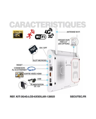 Kit vidéosurveillance 6 caméras solaires UHD 2K Wifi un écran LCD 10,1 récepteur enregistreur microSD 128 Go routeur 3G 4G WiFi Kit vidéosurveillance 6 caméras solaires UHD 2K Wifi un écran LCD 10,1 récepteur enregistreur microSD 128 Go routeur 3G 4G WiFi