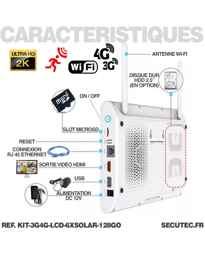Kit vidéosurveillance 6 caméras solaires UHD 2K Wifi un écran LCD 10,1 récepteur enregistreur microSD 128 Go routeur 3G 4G WiFi