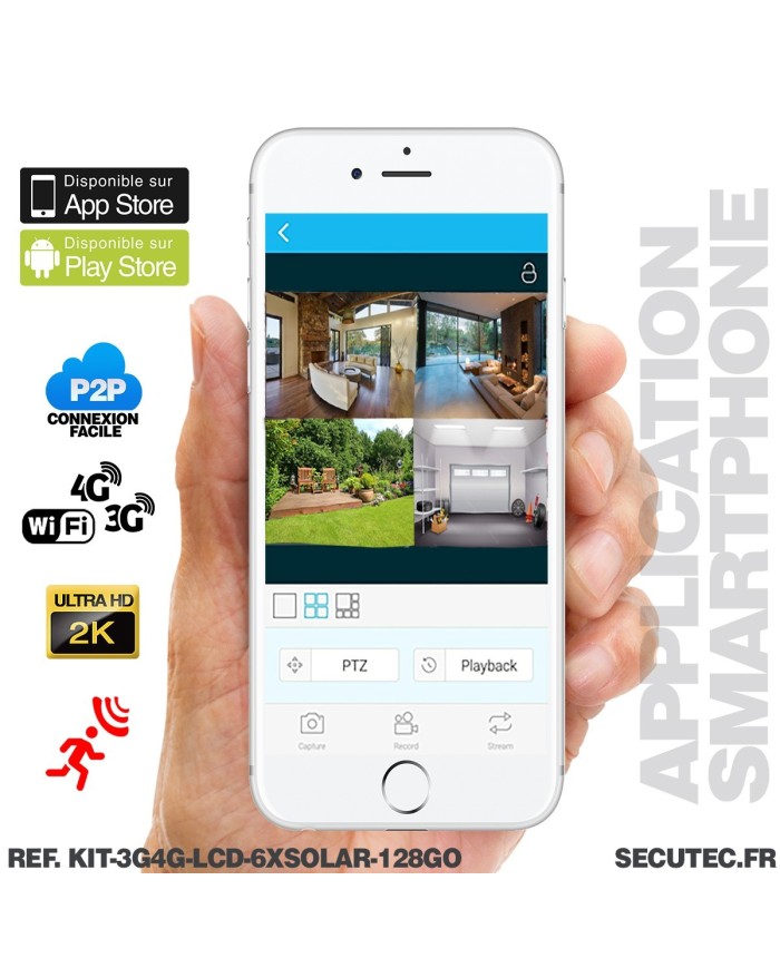 Kit vidéosurveillance 6 caméras solaires UHD 2K Wifi un écran LCD 10,1 récepteur enregistreur microSD 128 Go routeur 3G 4G WiFi