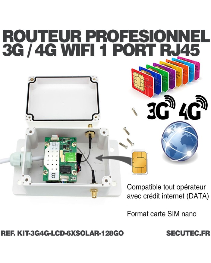 Kit vidéosurveillance 6 caméras solaires UHD 2K Wifi un écran LCD 10,1 récepteur enregistreur microSD 128 Go routeur 3G 4G WiFi