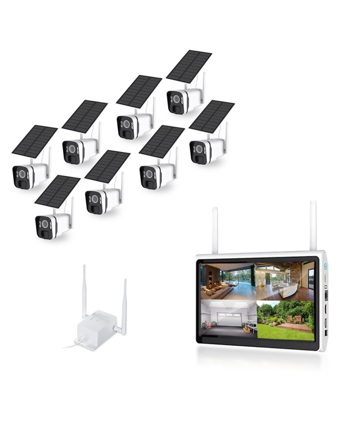 Kit vidéosurveillance 8 caméras solaires UHD 2K Wifi un écran LCD 10,1 récepteur enregistreur microSD 128 Go routeur 3G 4G WiFi