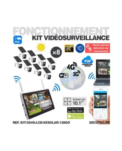 Kit vidéosurveillance 8 caméras solaires UHD 2K Wifi un écran LCD 10,1 récepteur enregistreur microSD 128 Go routeur 3G 4G WiFi Kit vidéosurveillance 8 caméras solaires UHD 2K Wifi un écran LCD 10,1 récepteur enregistreur microSD 128 Go routeur 3G 4G WiFi