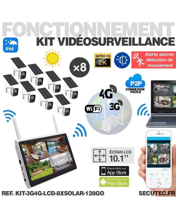 Kit vidéosurveillance 8 caméras solaires UHD 2K Wifi un écran LCD 10,1 récepteur enregistreur microSD 128 Go routeur 3G 4G WiFi